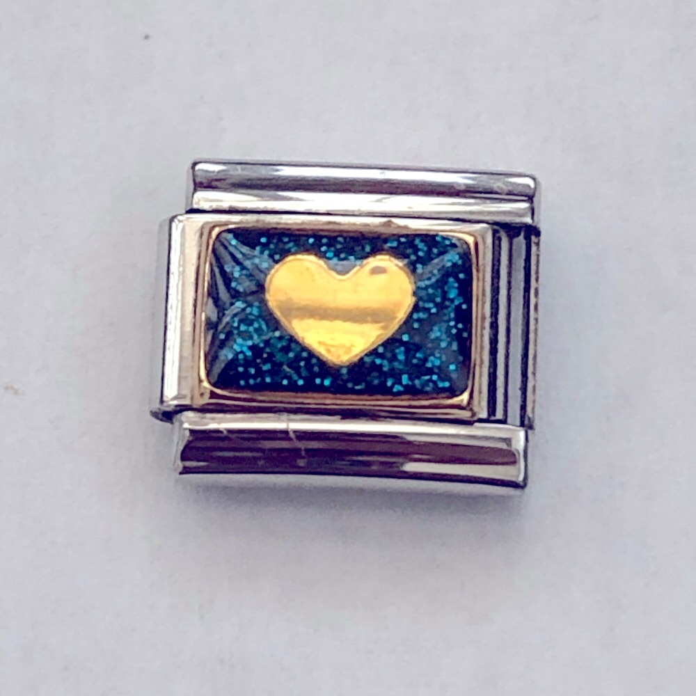 gold heart with glittery blue background charm link for Italian charm bracelet